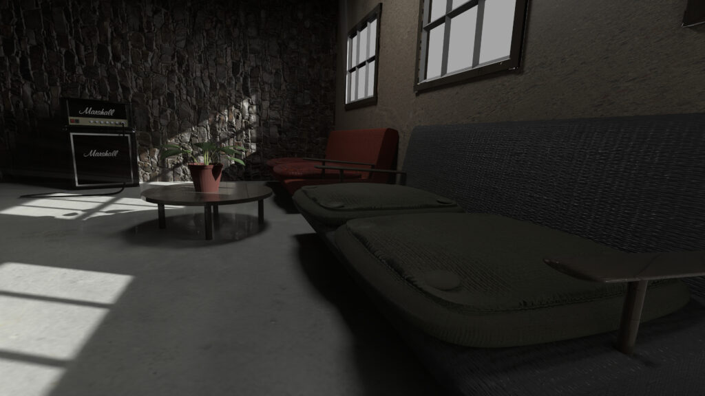 Render final salón con sofás, mesa y planta