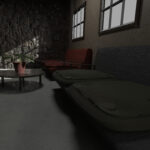 Render final, salón, sofás, mesa y planta