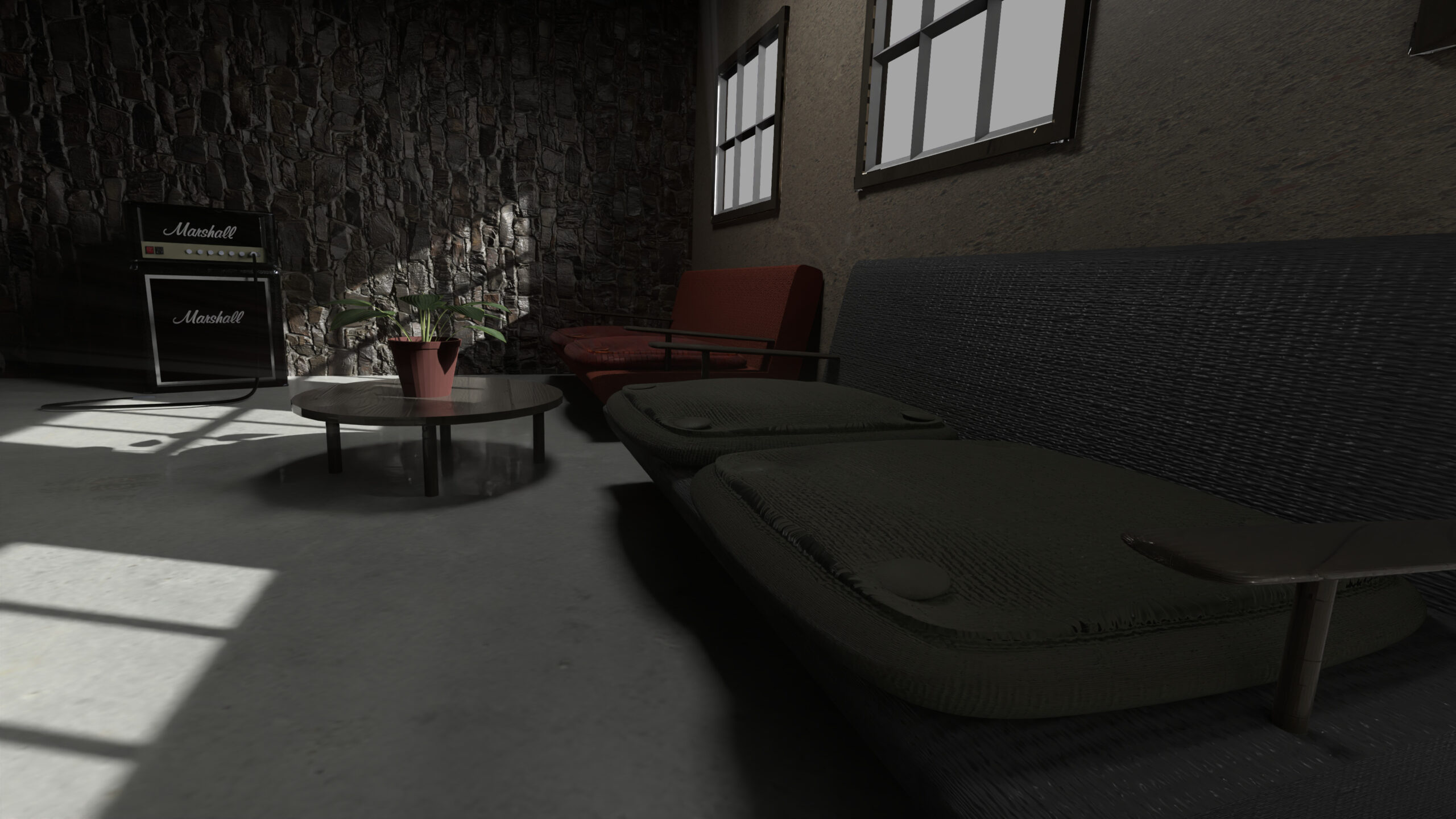 Render final, salón, sofás, mesa y planta