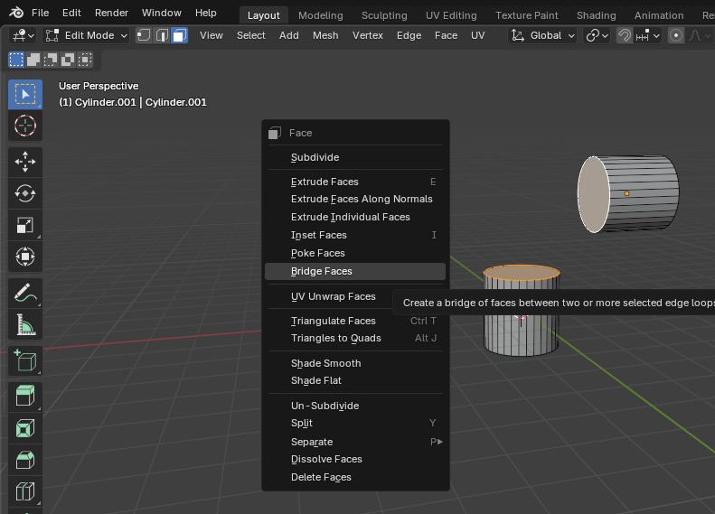 La opción "Bridge Faces" de Blender.