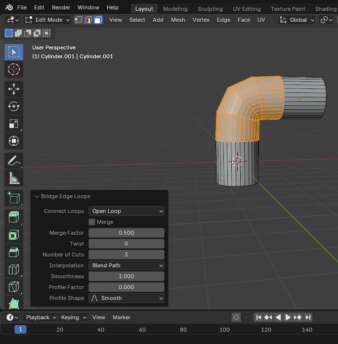 Unión entre dos caras con Bridge Faces de Blender